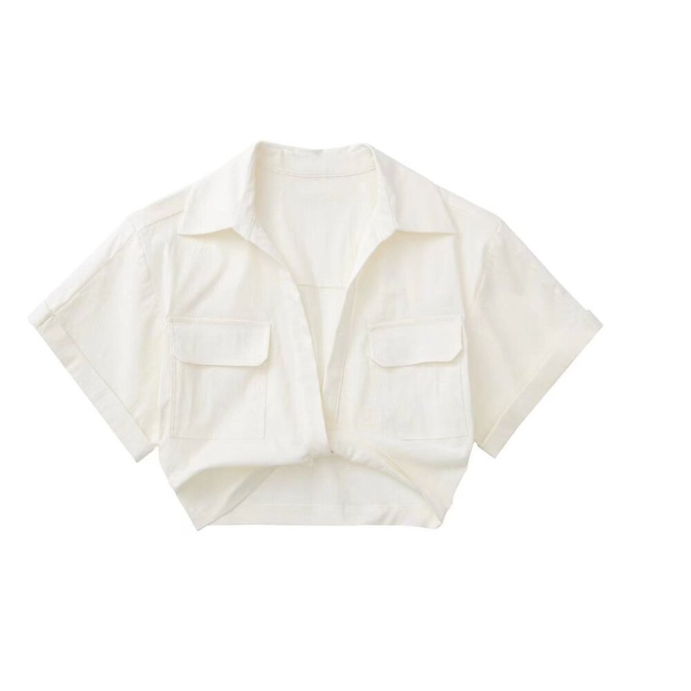 Commense FRONT TIE FLAP POCKET CROP SHIRT IN IVORY Sz L